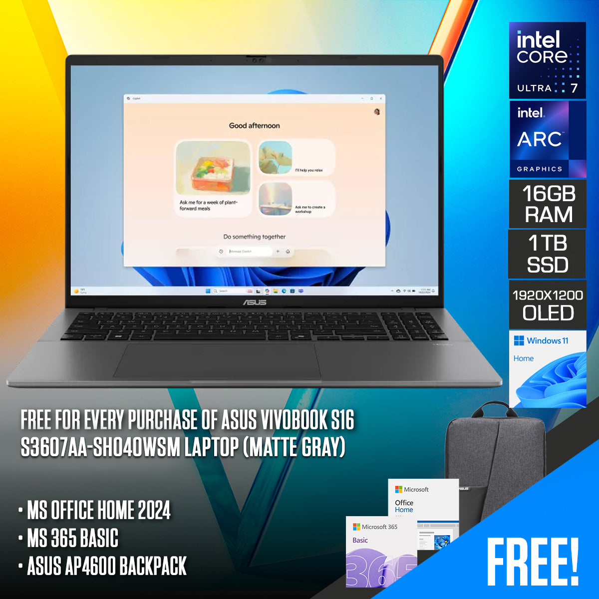 ASUS Vivobook S16 S3607AA-SH040WSM Laptop (Matte Gray)