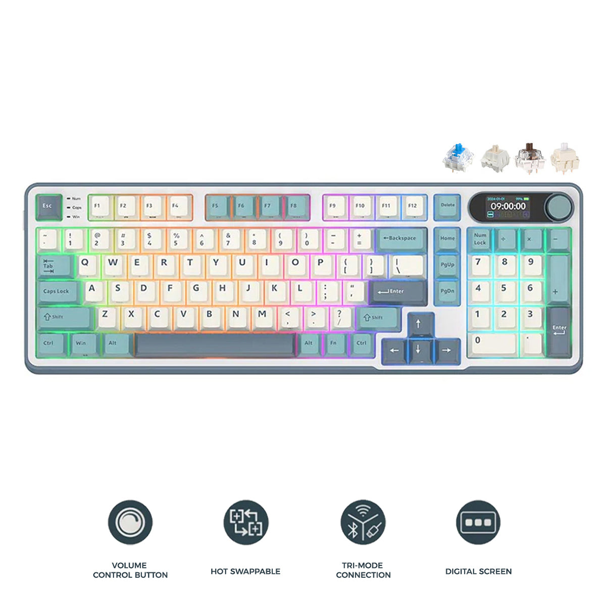 Royal Kludge RK-S98 Tri-Mode RGB 98 Keys Hot Swappable Mechanical Keyboard Light Cloud (Brown Switch, Chartreuse Switch, Beige Switch, Blue Switch)