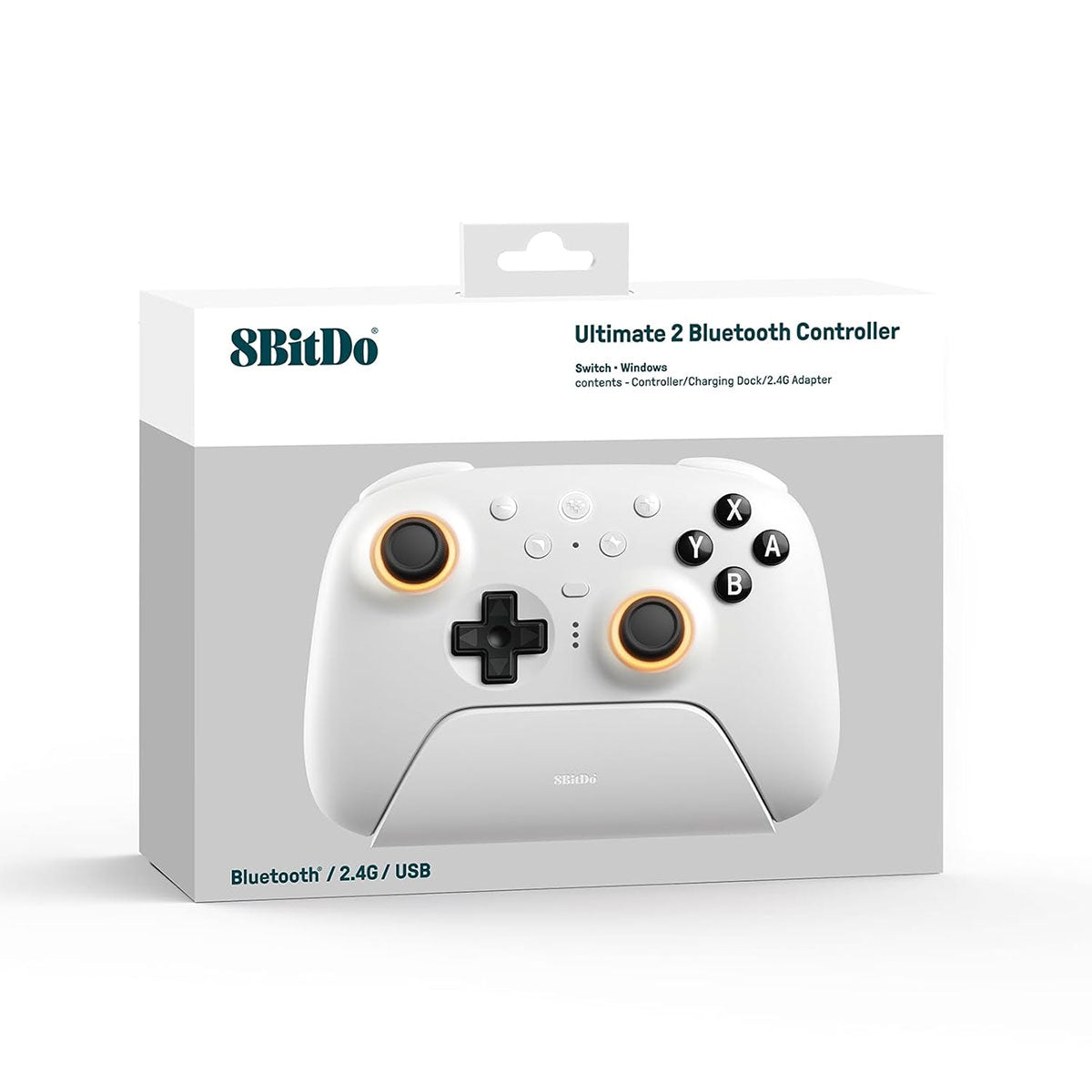 8BitDo Ultimate 2 Bluetooth Controller with TMR Joysticks, Switchable Hall Effect/Tactile Triggers, Vibration & Motion Control, RGB Fire Ring with Charging Dock for Nintendo Switch/Windows PC/N-Switch Pro Controller (Black, White) (80ND)
