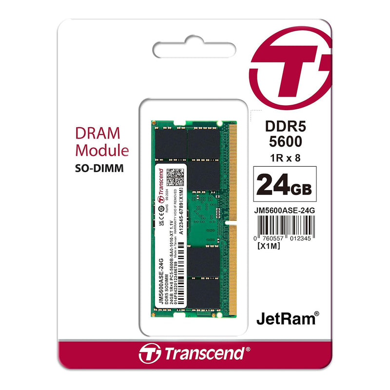 Transcend JetRam 24GB DDR5 5600MHz SODIMM 1Rx8 CL46 1.1V (JM5600ASE-24G)