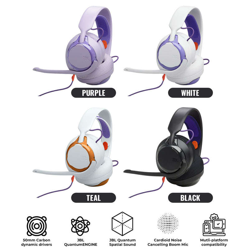 JBL Quantum 250 Wired Multiplatform Gaming Headset (Purple, White, Teal)