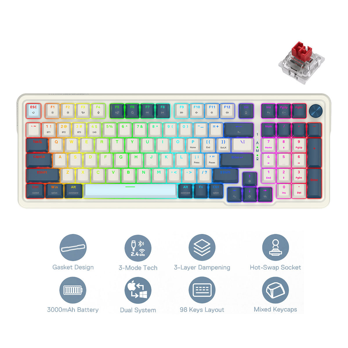 Redragon Eisa Pro 3 Modes 98-Key Hot-Swappable RGB Mechanical Keyboard - White Blue (Linear Red Switch) (K686WB-RGB-Pro)