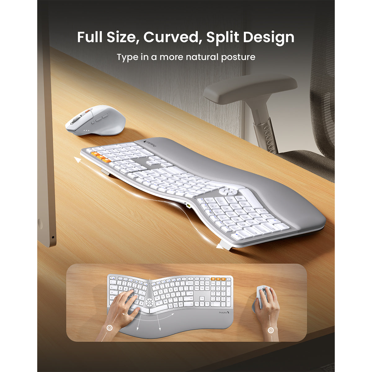 ProtoArc EKM01 Plus Dual Mode Full Size Ergonomic Keyboard Mouse Combo (White/Silver) (CP015758)