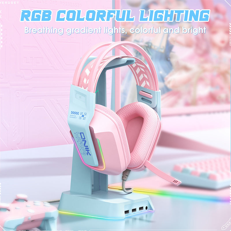 Onikuma X13 RGB Colorful Lighting Wired Gaming Headset with Noise Cancelling Microphone (Pink)