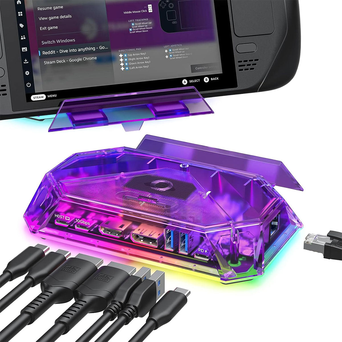 JSAUX 12-Port RGB Docking Station Pro for Steam Deck/ Steam Deck OLED/ ROG Ally/ ROG Ally X/ Legion Go/ MSI Claw (Clear Black, Clear Purple) (HB1201S)