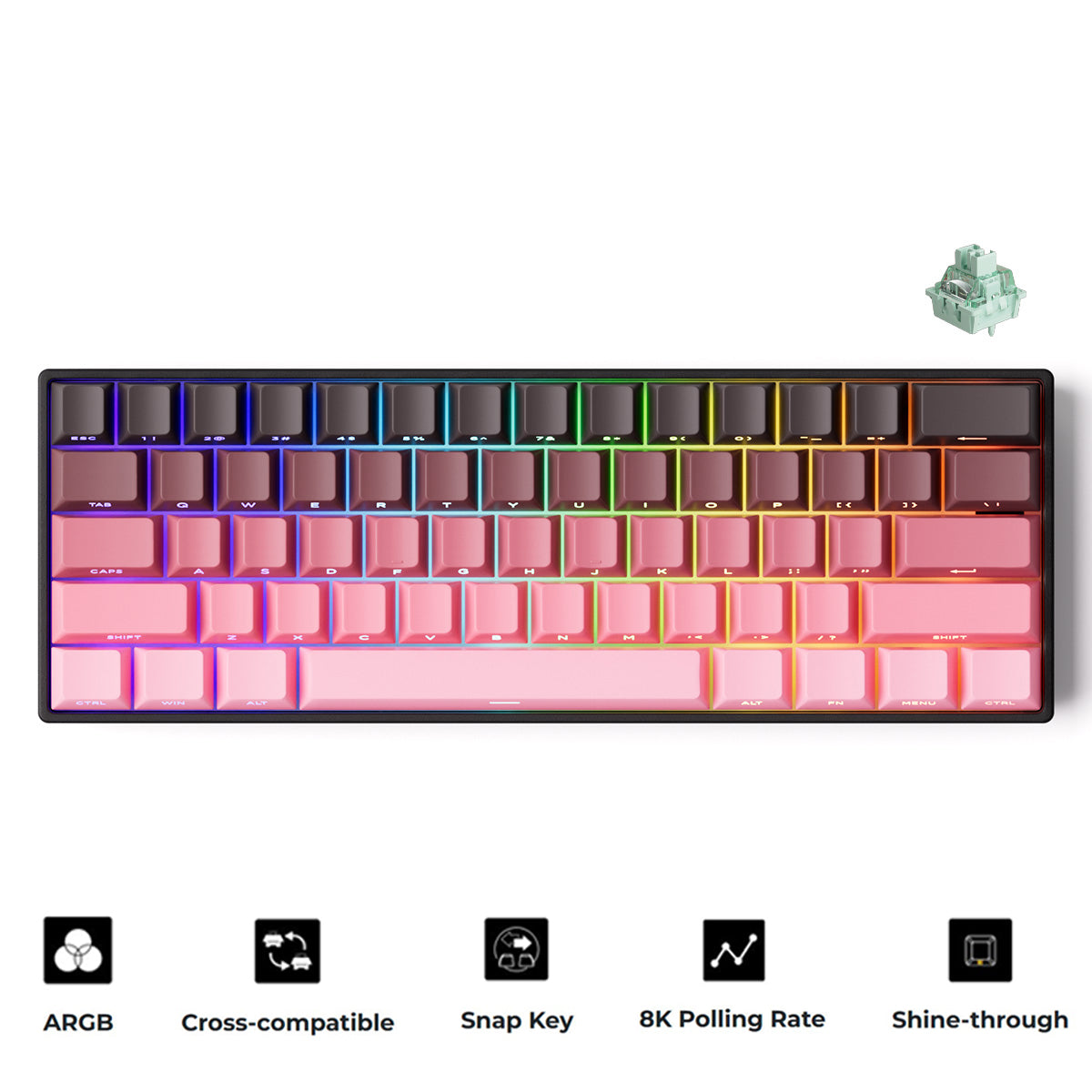 MonsGeek FUN60 Pro SP Shine-Through Black & Pink Gradient Multi-Mode RGB Mechanical Keyboard (Akko Glare Magnetic Switch)