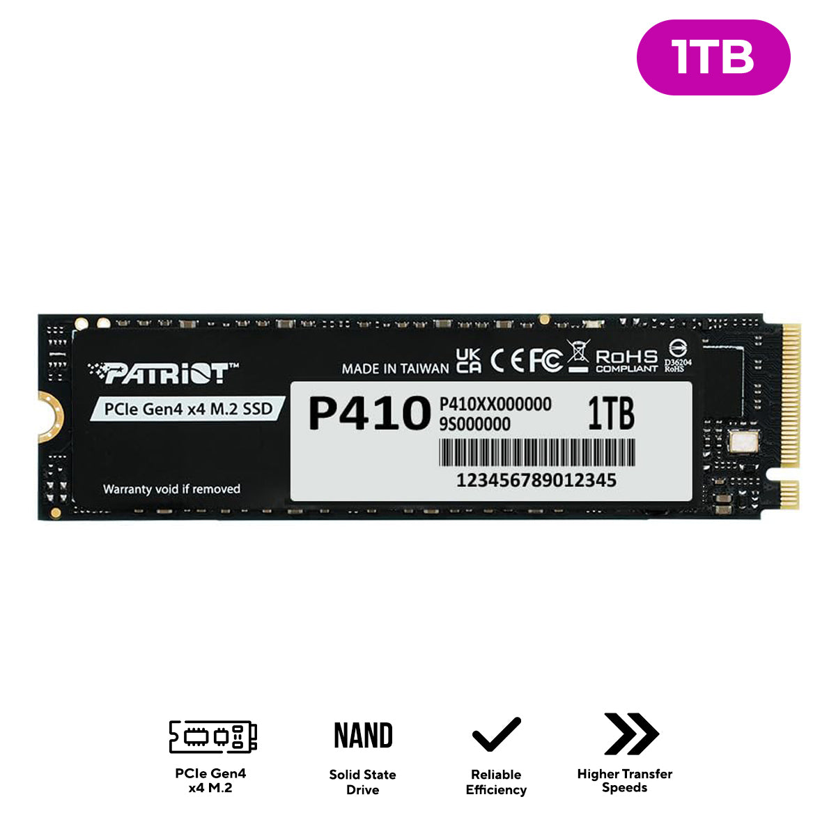 Patriot P410 1TB PCIe Gen4 x4 M.2 2280 SSD with 5000MB/s Read/ 4500MB/s Write (P410P1TBM28H)