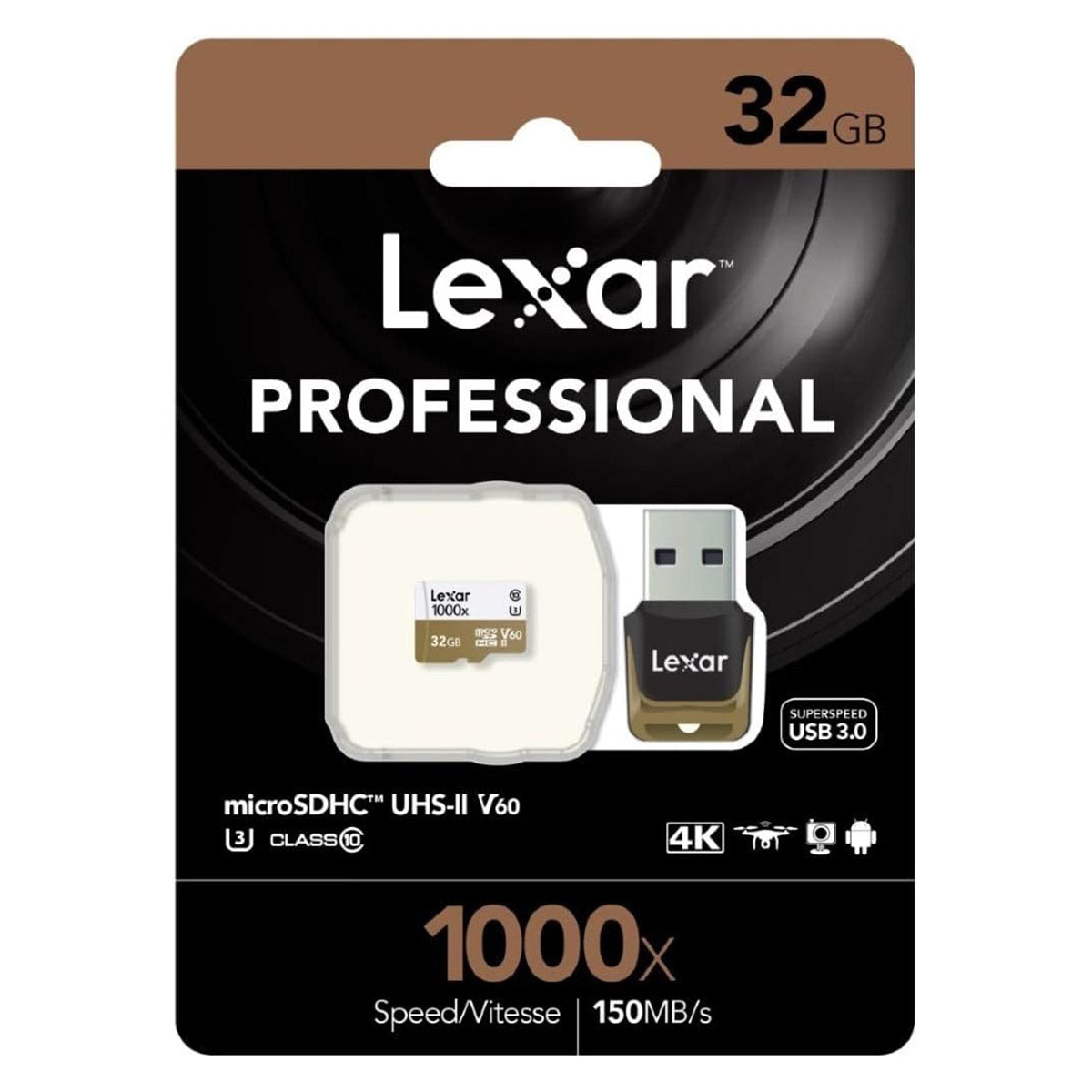 Lexar Professional 1000x 32GB microSDHC UHS-II C10 U3 V60 150MB/s Read Memory Card with Reader