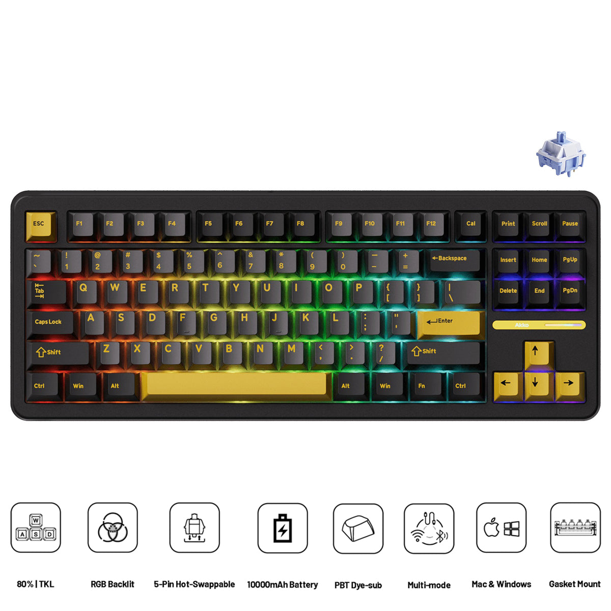 Akko TAC87 Black & Gold Multi-Mode RGB Hot-Swappable Mechanical Keyboard (Akko Mirror Switch)