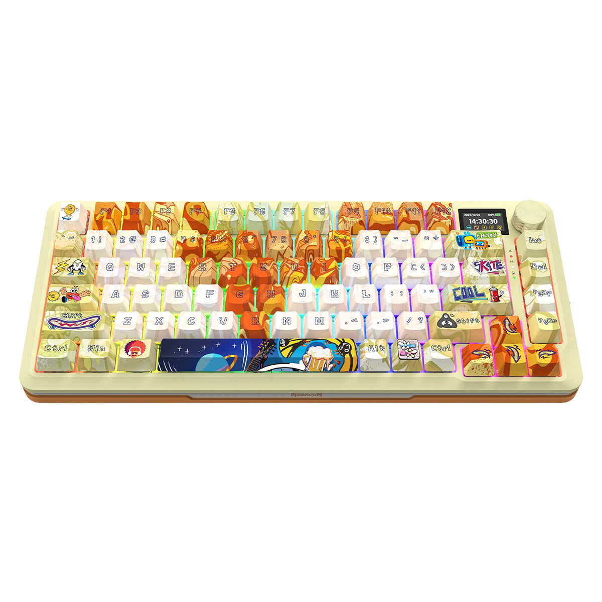Redragon K708GF RGB Flekact Pro 81 Keys 75% Gasket Mounted Wireless Mechanical Keyboard with Customizable Smart LCD Screen (Doodle Style Design)