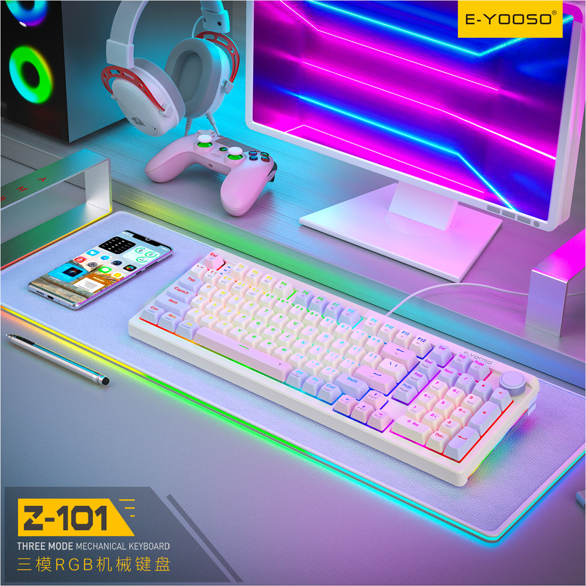 E-Yooso Z-101 RGB 101 Keys Tri-Mode Hot-Swappable Mechanical Keyboard White/Pink/Purple
