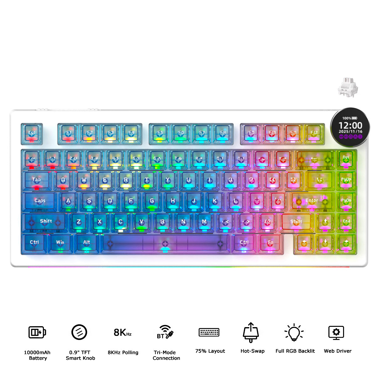 Ajazz AK820 V2 Pro RGB Tri-Mode Mechanical Keyboard (Transparent Color) (Lychee Switch)