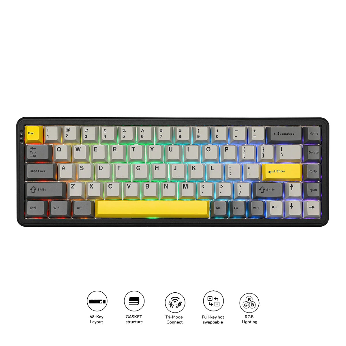 Ajazz AK680 Max RGB Tri-Mode 68-Keys Aluminum Positioning Plate Gasket-Mounted South Facing (1K Wireless + 8K Wired) Polling Rate Hot Swappable Mechanical Keyboard (Black/Grey/Yellow) (Magnetic Grain Switch)