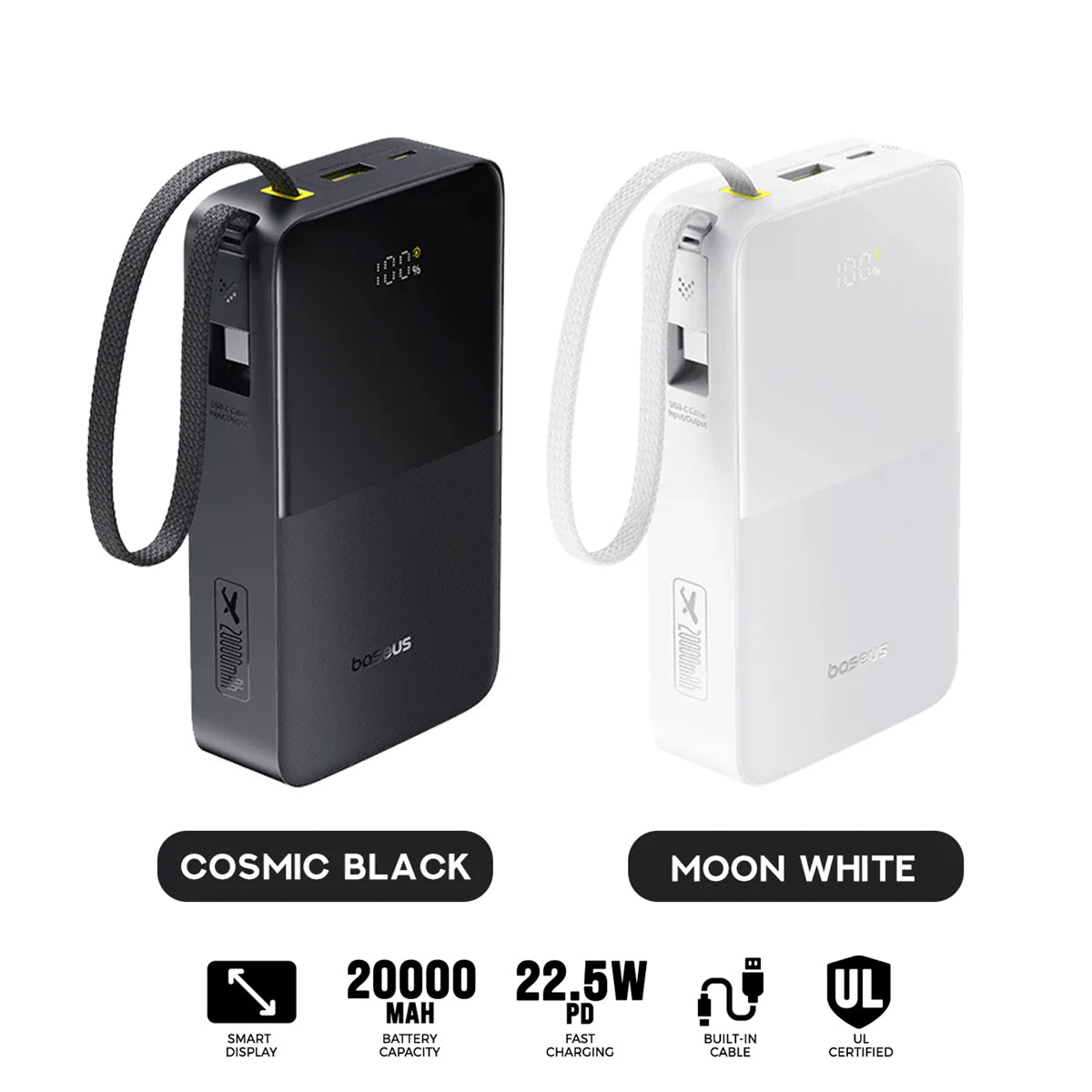 Baseus EnerFill FC51 Bipow 2 Pro Digital Display Power Bank with Built-in Cable 20000mAh 22.5W (Cosmic Black, Moon White) (A0027701, E0027700)