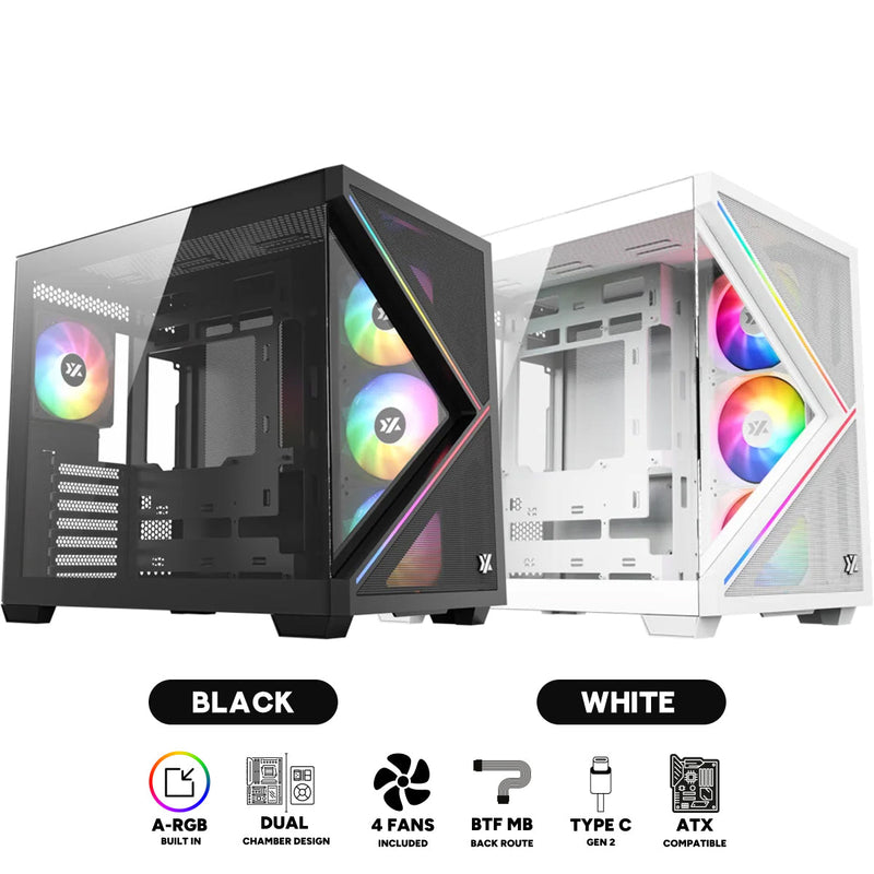 XYZ Qubex ATX PC Case with 4 Pre-Installed 120mm Pulsar ARGB Fans (Black, White)