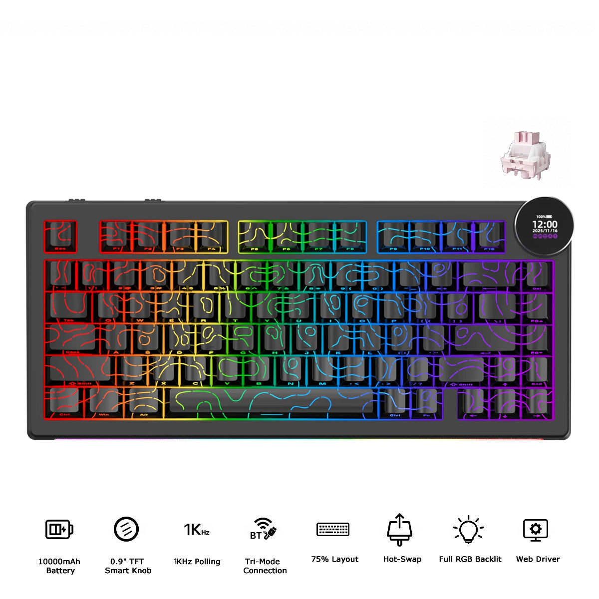 Ajazz AK820 V2 RGB Tri-Mode Mechanical Keyboard (Contour Lines Black) (White Peach Switch)
