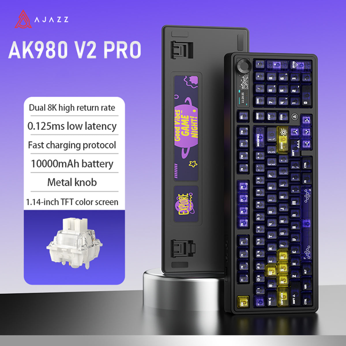 Ajazz AK980 V2 Pro RGB Tri-Mode Mechanical Keyboard (Transparent Yellow Purple Deep Purple) (Lichee Switch)