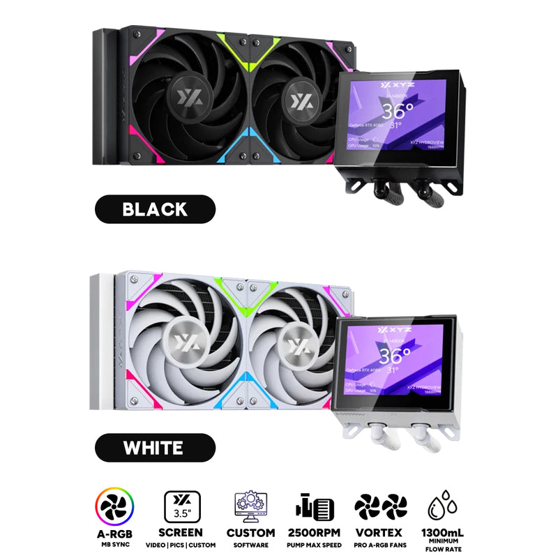 XYZ HydroView AIO 240 ARGB Liquid Cooler with Temperature Display (Black, White)
