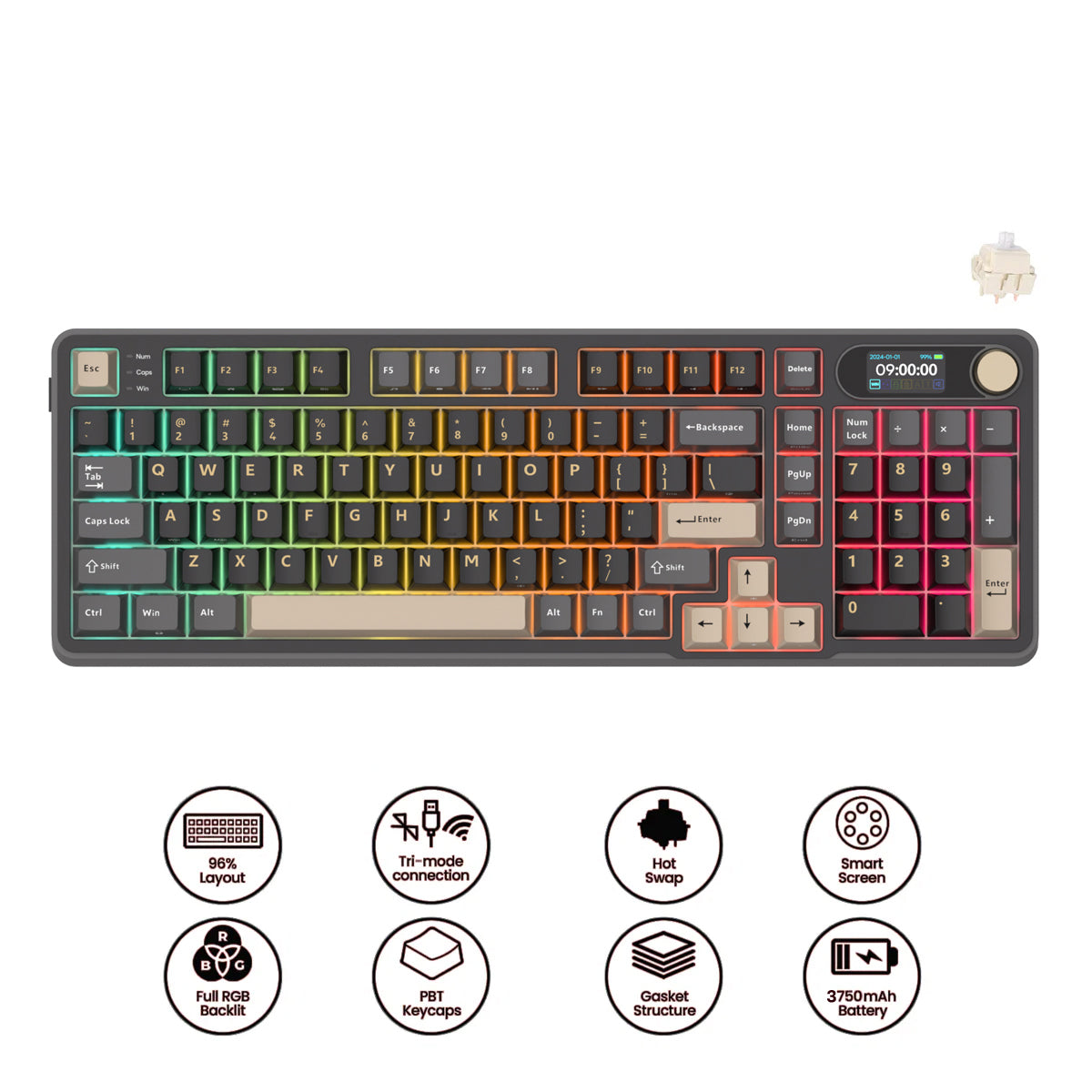 Royal Kludge RK-S98 Tri-Mode RGB 98 Keys Hot Swappable Mechanical Keyboard Phantom (Beige Switch, Chartreuse Switch)