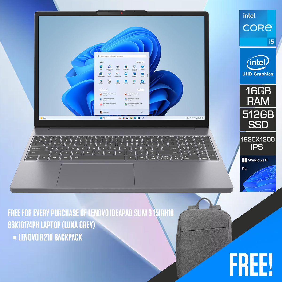 Lenovo IdeaPad Slim 3 15IRH10 83K10174PH Laptop (Luna Grey) 