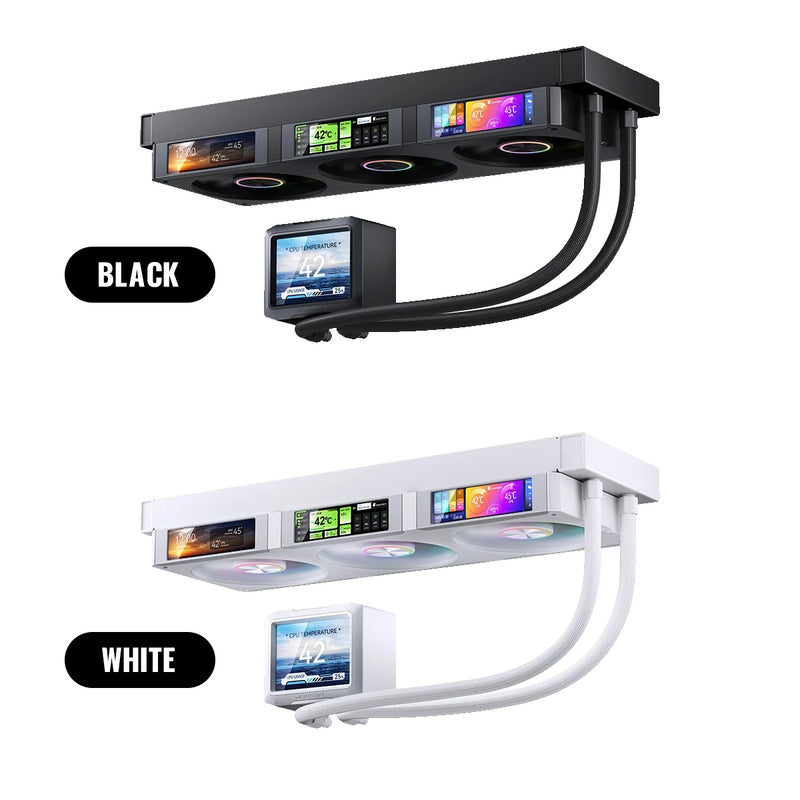 Jonsbo TF3-360SC 360MM AIO Liquid CPU Cooler w/ 3 x 3.38" Fan LCD Displays & 3.5" Pump Block LCD Display (Black, White)