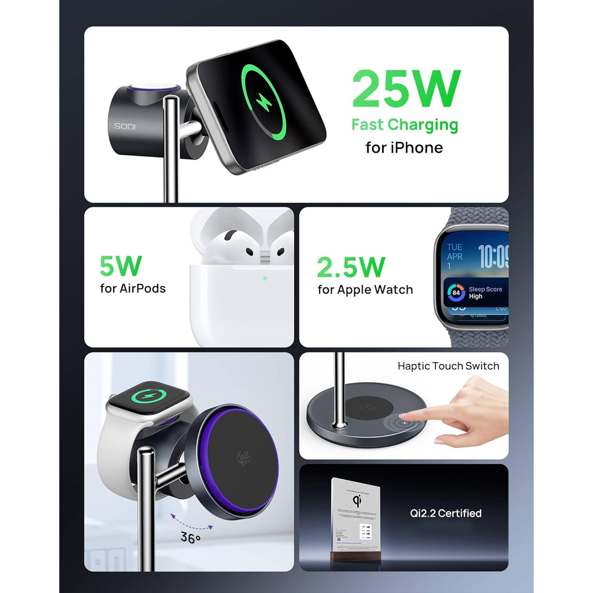 SODI T13W Qi2 25W 3-in-1 Wireless Charger with Silent Cooling Fan