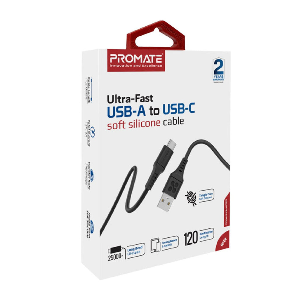 Promate 120 Box Promate Powerlink-AC120 Ultra-Fast USB-A TO USB-C Soft Silicone Cable ...