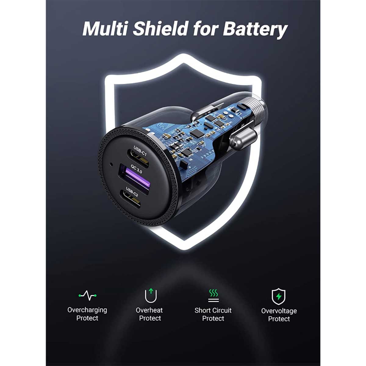 UGreen 3-Port 2XUSB-C PD+USB-A 69W Fast Car Charger (Black) (CD239/20467)