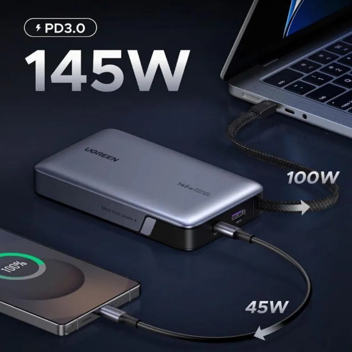 Ugreen 20000mAh 145W Power Bank with Built-in Cable (Space Grey) (PB551/55992B)
