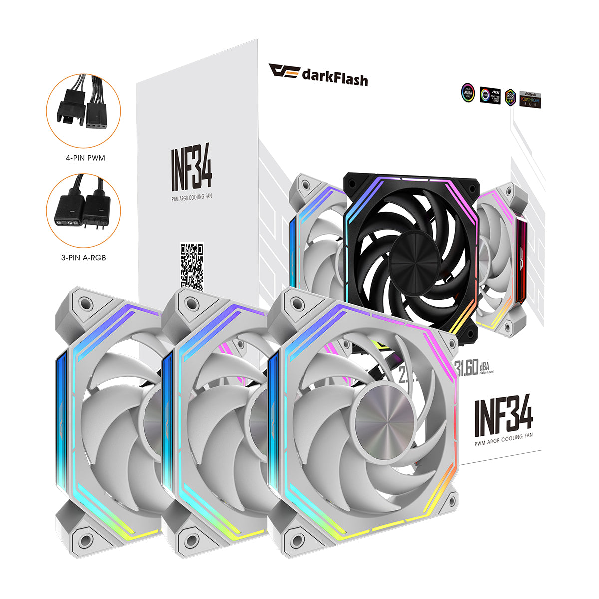 Darkflash Infinity 34 120MM A-RGB Cooling Fan (3-IN-1 Pack) (Black, White)