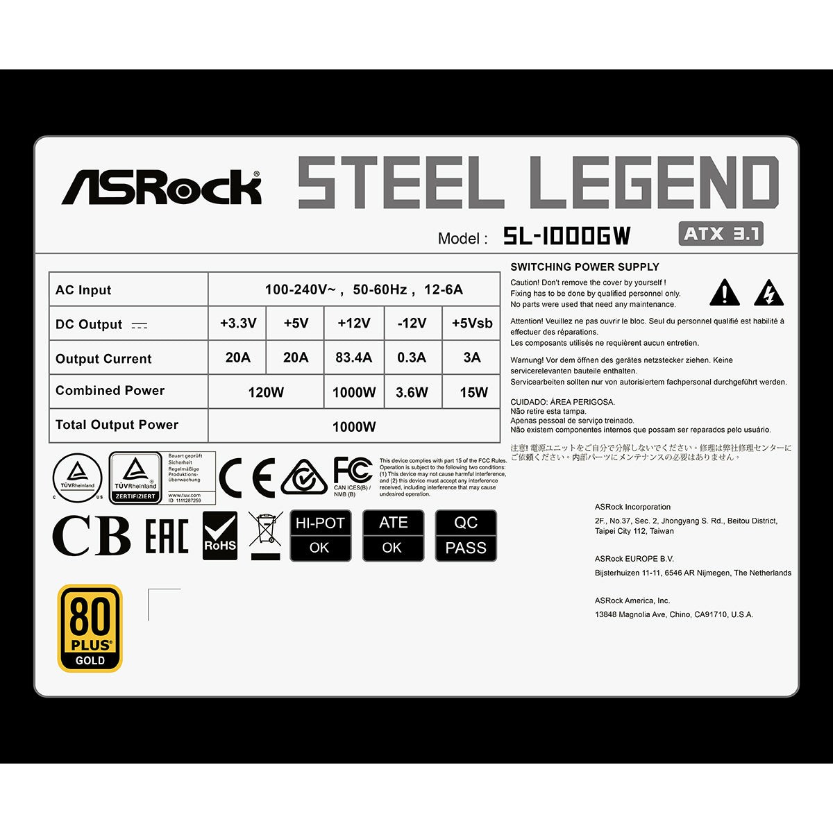 ASRock Steel Legend SL-1000GW 1000W 80+ Gold & Cybenetics Platinum ATX 3.1 PCIe 5.1 Full Modular