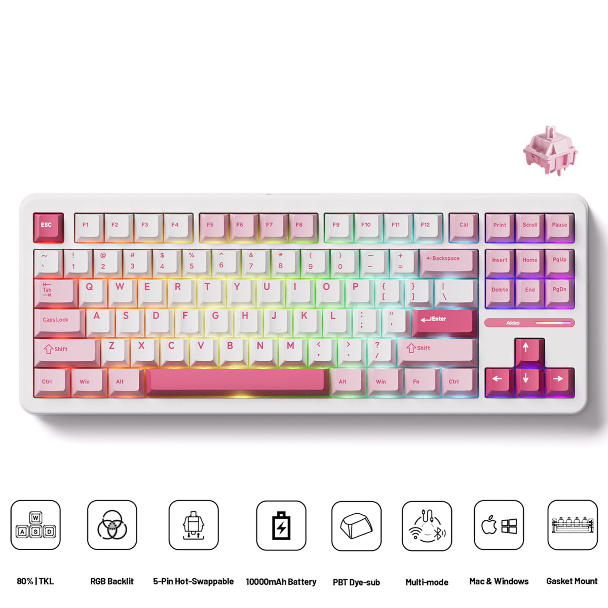Akko TAC87 Prunus Lannesiana Multi-Mode RGB Hot-Swappable Mechanical Keyboard (Akko Stellar Rose Switch)