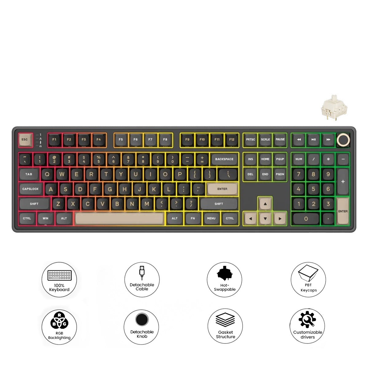 Royal Kludge R108 QMK Single-Mode RGB 107 Keys Mechanical Keyboard Phantom (Creamy Switch)