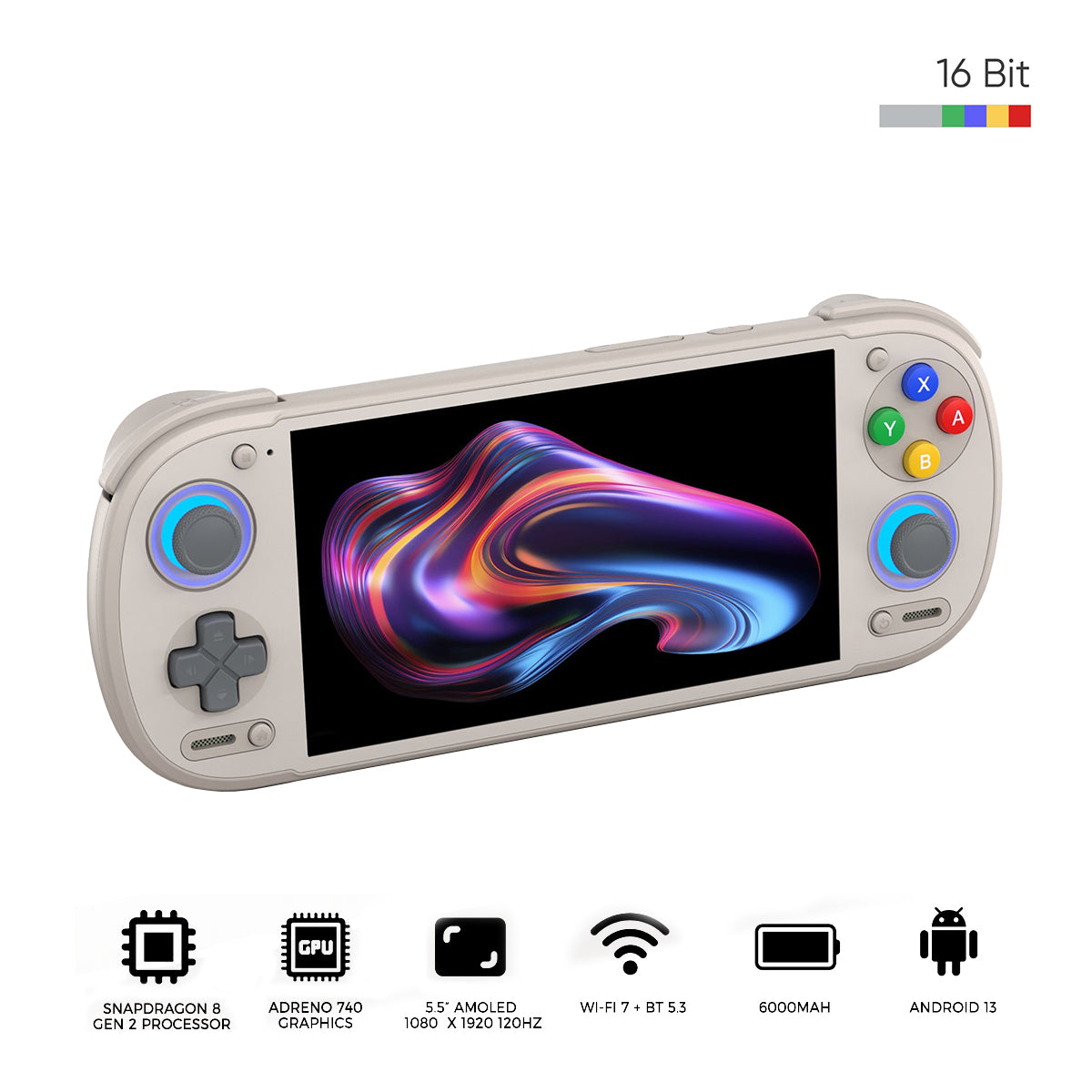 Retroid Pocket 6 Snapdragon 8 Gen 2 5.5" AMOLED (1080x1920) 120Hz 8GB + 128GB Stick Top Android Handheld Gaming System (16Bit)