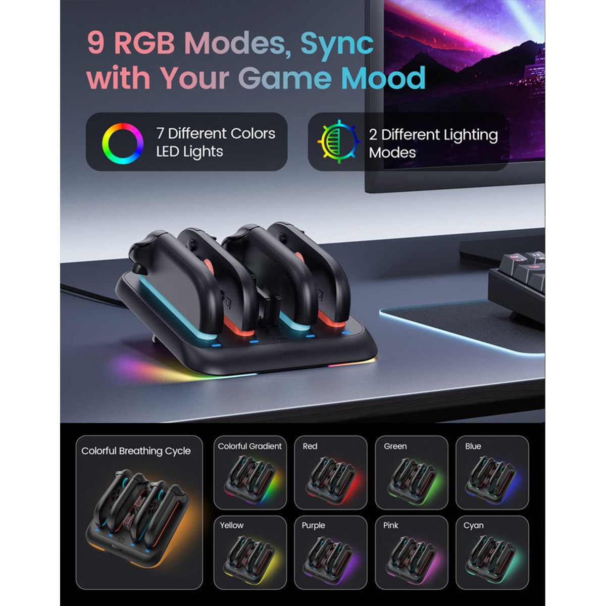 Transnovo Adjustable Stand 4-in-1 Charging Station with RGB Light for Nintendo Switch 2 Joy-Pad