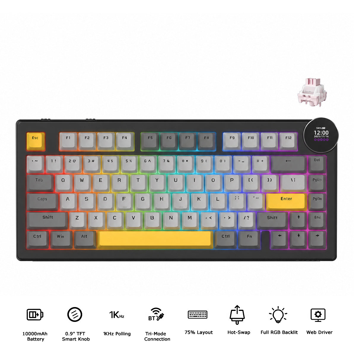 Ajazz AK820 V2 RGB Tri-Mode Mechanical Keyboard (Black/Grey/Yellow)
