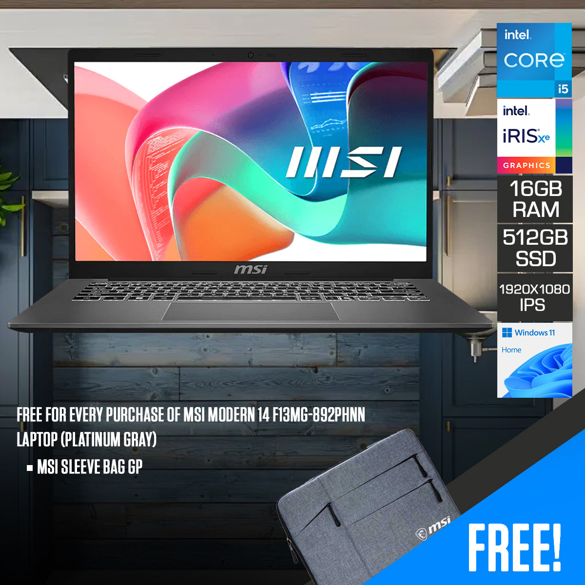 MSI Modern 14 F13MG-892PHNN Laptop (Platinum Gray) | 14" FHD (1920x1080) IPS | Core i5-1334U | 16GB RAM | 512GB SSD | Intel Iris Xe Graphics | Windows 11 Home | MSI Sleeve Bag GP