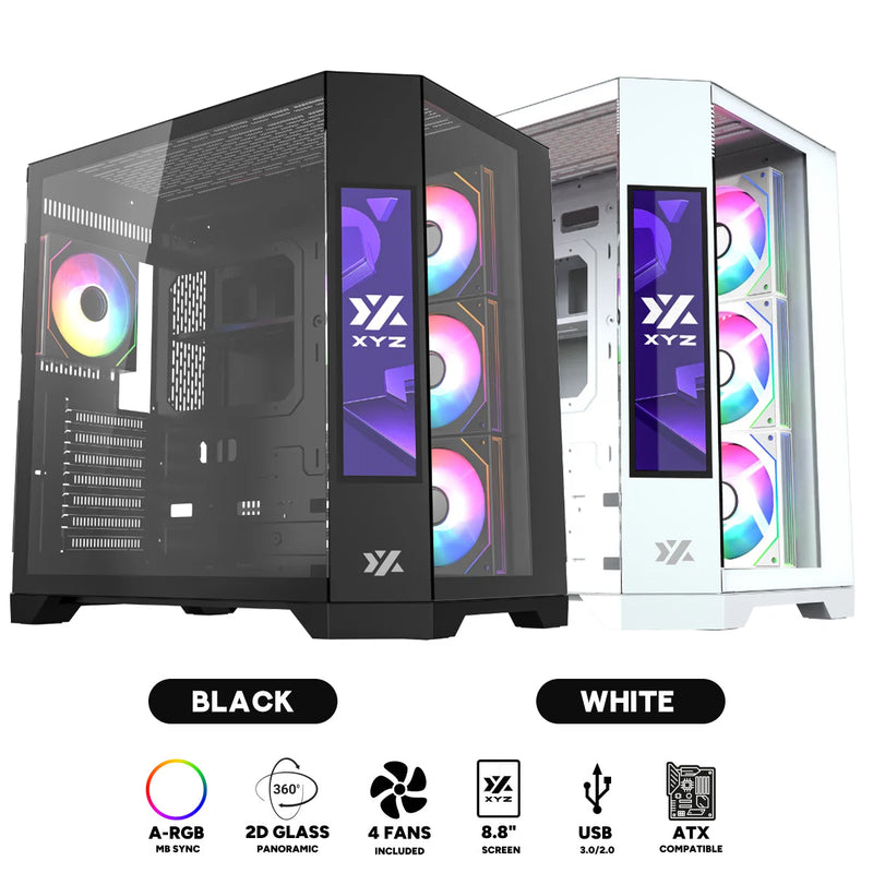 XYZ Neutron ATX 2D Glass Panoramic Tempered Glass PC Case with 4 Pre-Installed 120mm AURAX ARGB Fans & 8.8" (1920x480) LCD Screen (Black, White)