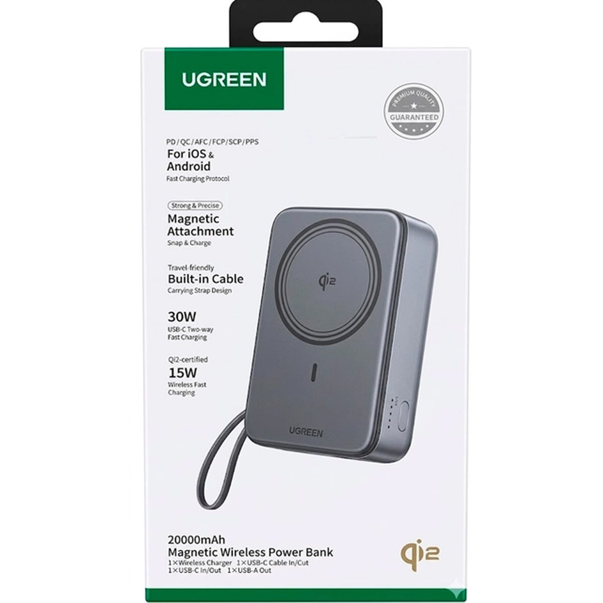 Ugreen 20000mAh Qi2 Magnetic Wireless 30W Power Bank with USB-C Cable