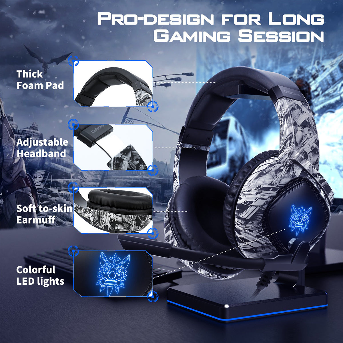 Onikuma K19 Professional Gaming Headset with RGB Led Backlight (Camo Grey, Camo White)