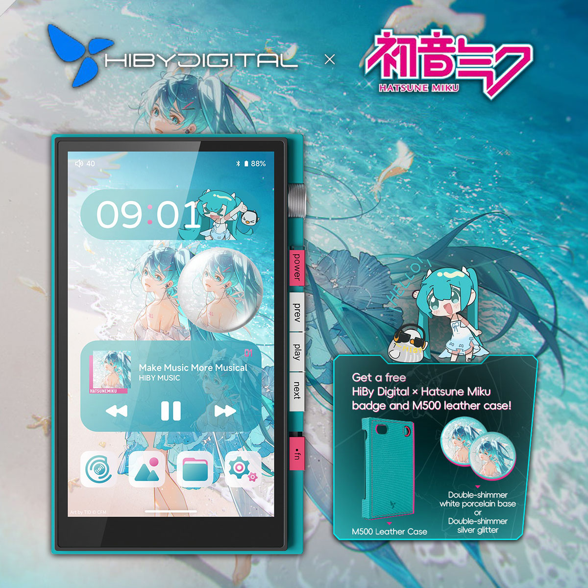 HiBy Digital X Hatsune Miku M500 Wi-Fi Digital Audio Player (Cyan)