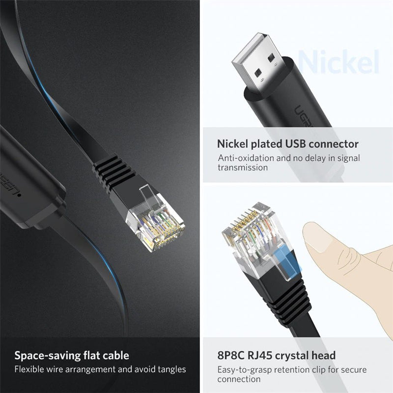 UGREEN USB to RJ45 console cable flat cable nickel plated USB connector and 8P8C RJ45 crystal head