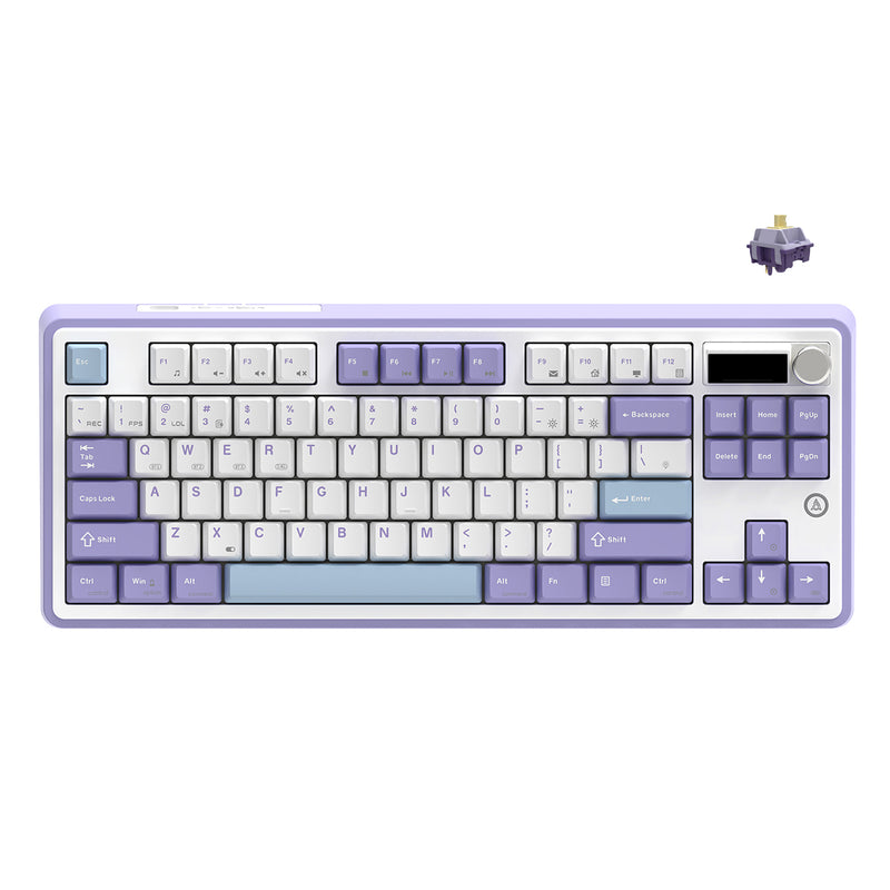 Ajazz AK870 RGB Tri-Mode 87-Keys TKL Gasket-mounted Hot Swappable Mechanical Keyboard with 1.14" TFT Display Screen & Knob (Purple/White/Blue) (Hyacinth Switch)