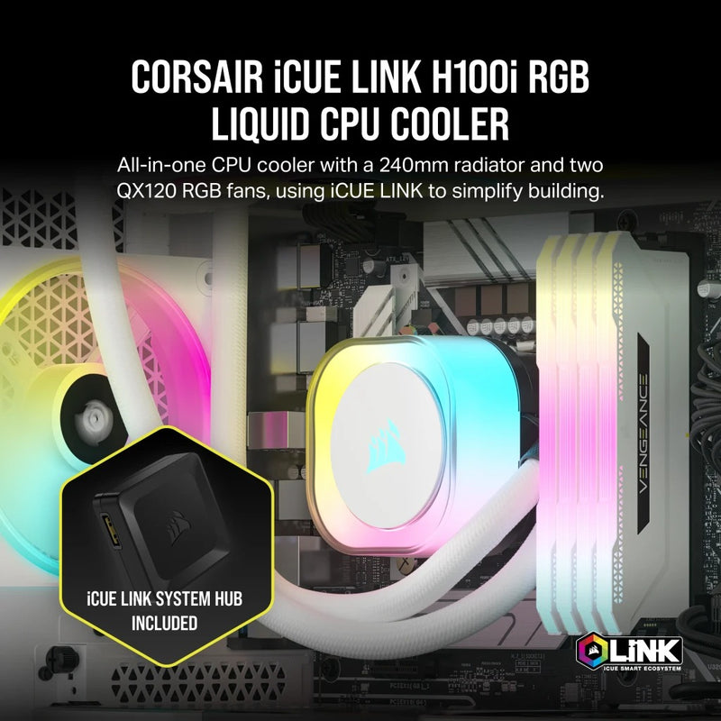 Corsair iCUE Link H100i RGB 240MM Liquid CPU Cooler (White)