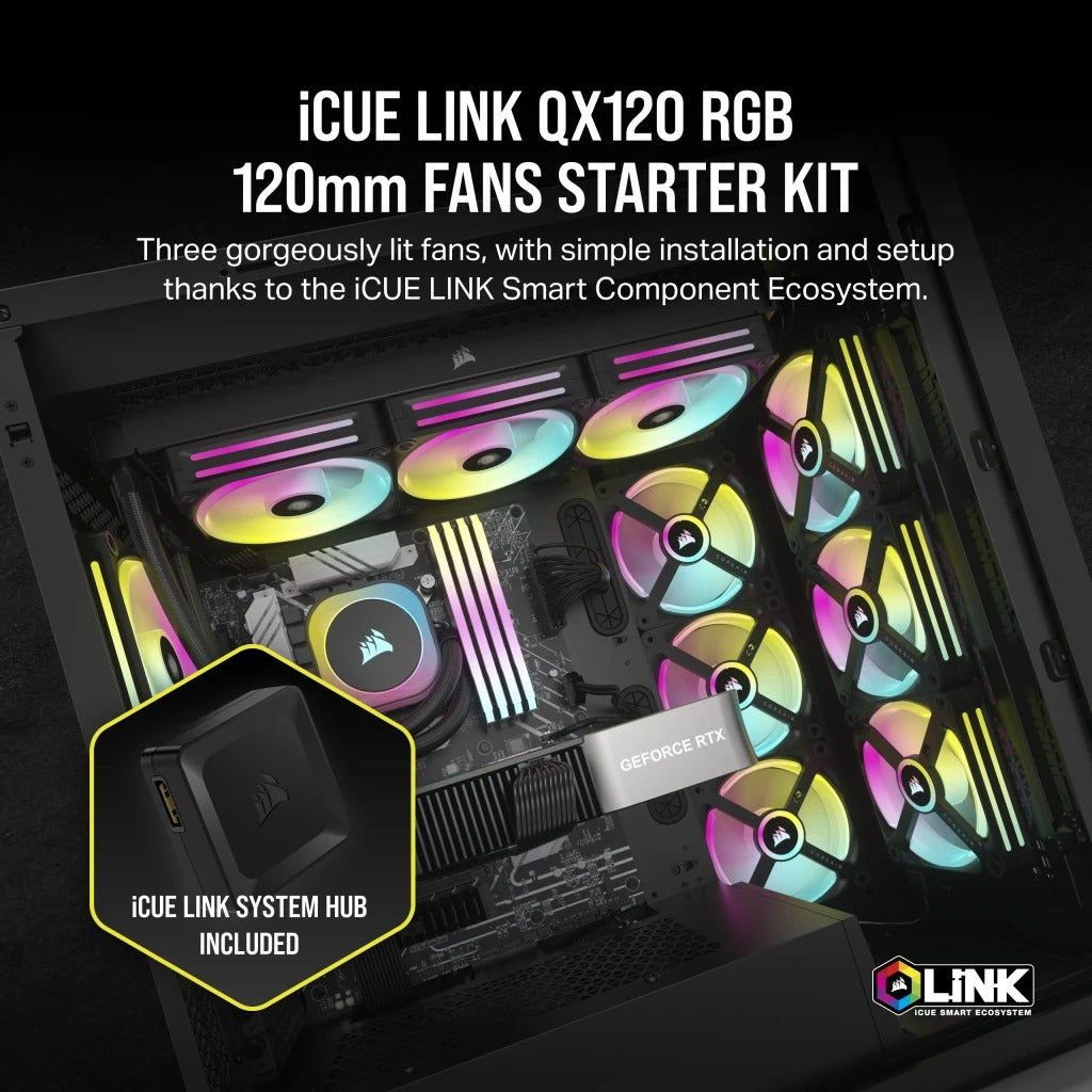 Pc Ique Corsair iCUE Link QX120 RGB 120mm PWM PC Fans Starter Kit With iCUE ...
