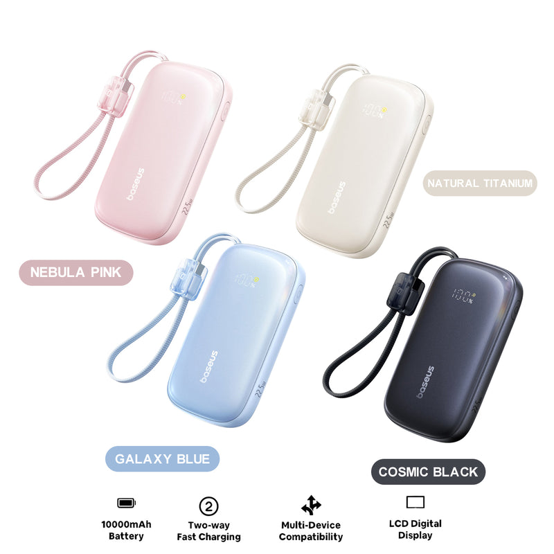 Baseus EnerFill FC21 Qpow 3 Ultra Digital Display Power Bank with Detachable Cable 10000mAh 22.5W (Nebula Pink, Galaxy Blue, Natural Titanium)