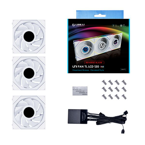 Lian Li Uni Fan TL LCD 120 RGB Reverse Blade 120mm Fan Triple Pack With Controller (White) (12RTLLCD3W)