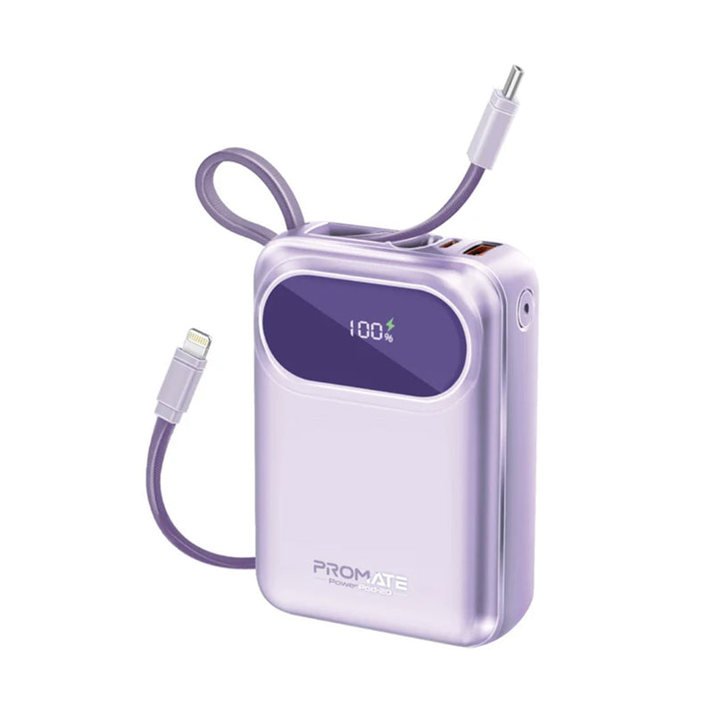 Promate Powerpod-20 20000mAh Ultra Compact 35W Superspeed Power Bank With Built-In Usb-C & Lightning Cable (Purple)