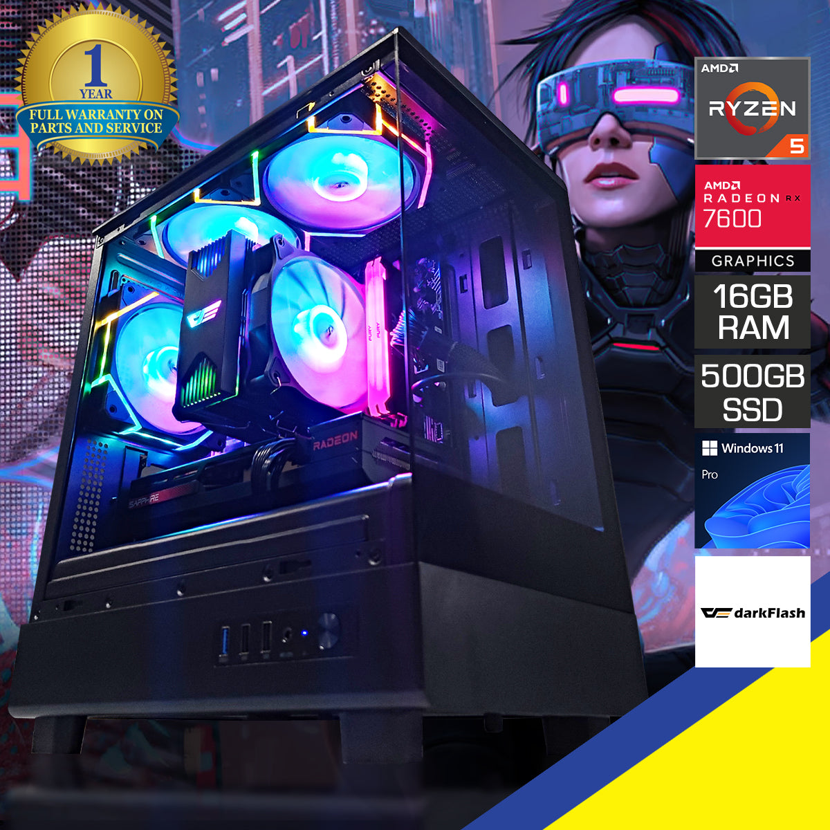 Alpha DB330M Black Desktop Gaming PC | AMD Ryzen 5 5500 | 16GB RAM | 500GB SSD | RX 7600 | Windows 11 Pro