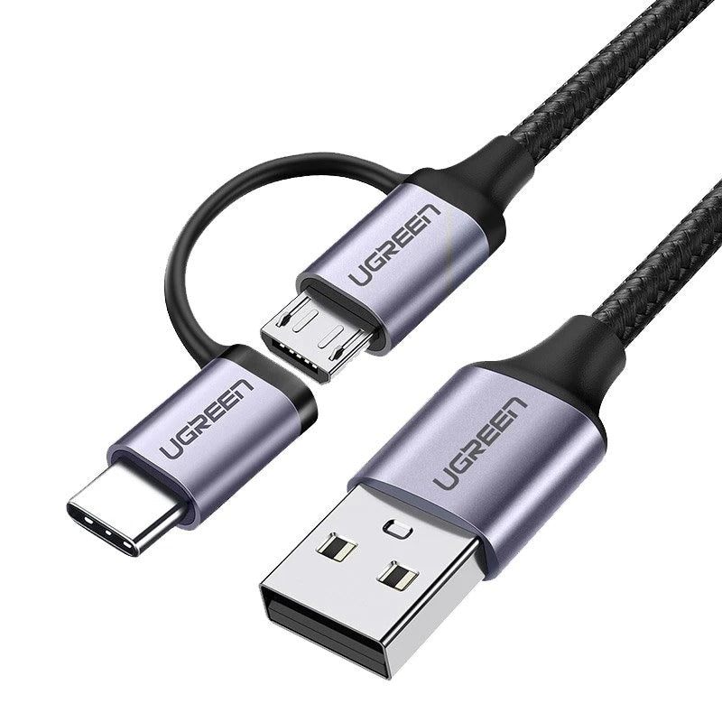 Ugreen USB 2.0 A Male to Micro USB + USB-C Male 3A Data Cable - 1M (Black) (US177/30875)